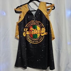 Juneteenth Graphic A-Line Top W/Exposed Shoulders in Black and Mustard